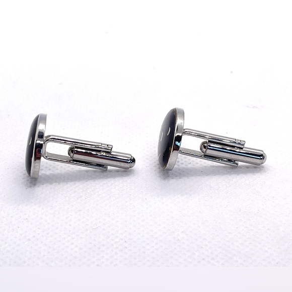 Black Oval Enamel Cufflinks w “Dot” Pattern Silver & Black! Stocking Stuffer! - Picture 4 of 13